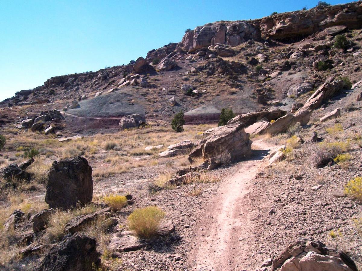A rocky trail winding through a mountainous landscape, surrounded by sparse vegetation and large boulders under a clear blue sky. Lunch Loops mountain bike trail.