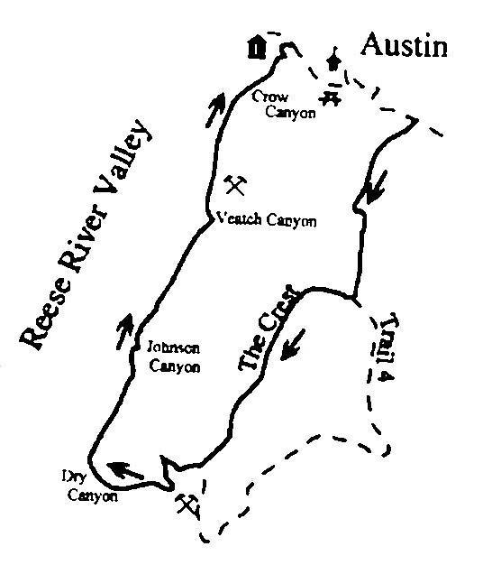 Map of Reese River Valley showing various canyons including Crow Canyon, Veatch Canyon, Johnson Canyon, and Dry Canyon, with Austin indicated at the top. The map features directional arrows and outlines the general topography of the area. Crest Cut Off mountain bike trail.