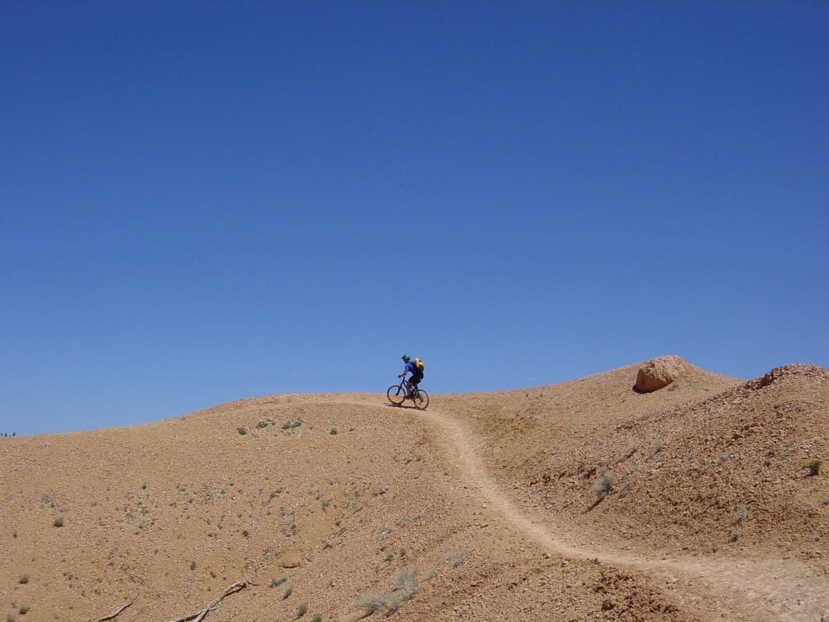 A cyclist riding on a winding trail through a barren, sandy landscape under a clear blue sky. Thunder Mountain mountain bike trail.
