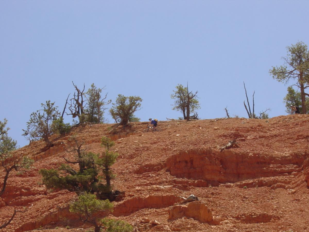 A person climbing a rocky orange hillside dotted with sparse trees under a clear blue sky. Thunder Mountain mountain bike trail.