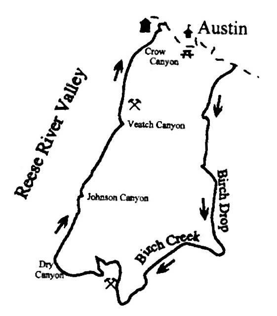 Map depicting the area around Austin, showing various canyons and features including Reese River Valley, Crow Canyon, Veatch Canyon, Johnson Canyon, Birch Drop, Birch Creek, and Dry Canyon. The map indicates directional arrows and a marker for Austin. Gold Venture Loop mountain bike trail.