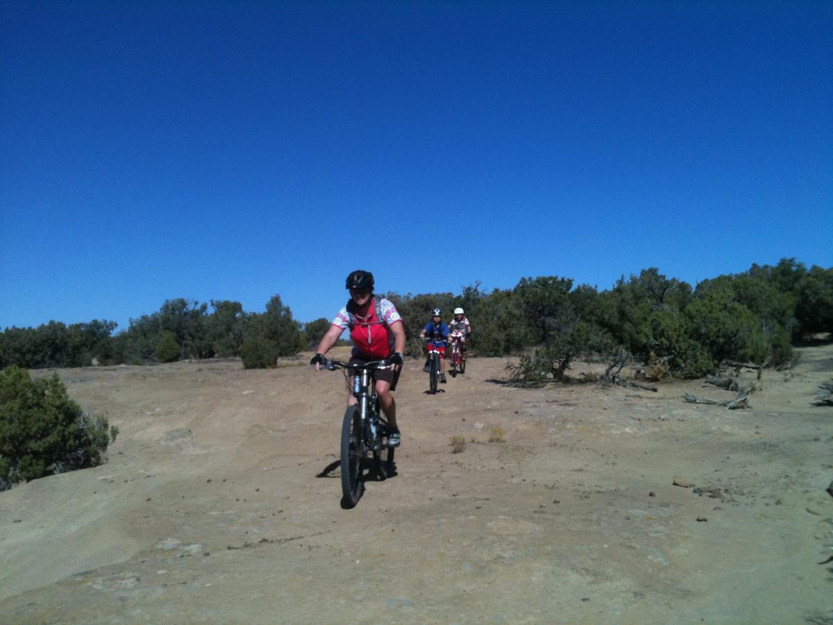 A group of three mountain bikers riding on a rocky trail under a clear blue sky. The lead rider, wearing a red jersey and a helmet, is focused on navigating the terrain, while the other two cyclists follow closely behind amidst scattered shrubs and bushes. Alien Run Trail mountain bike trail.