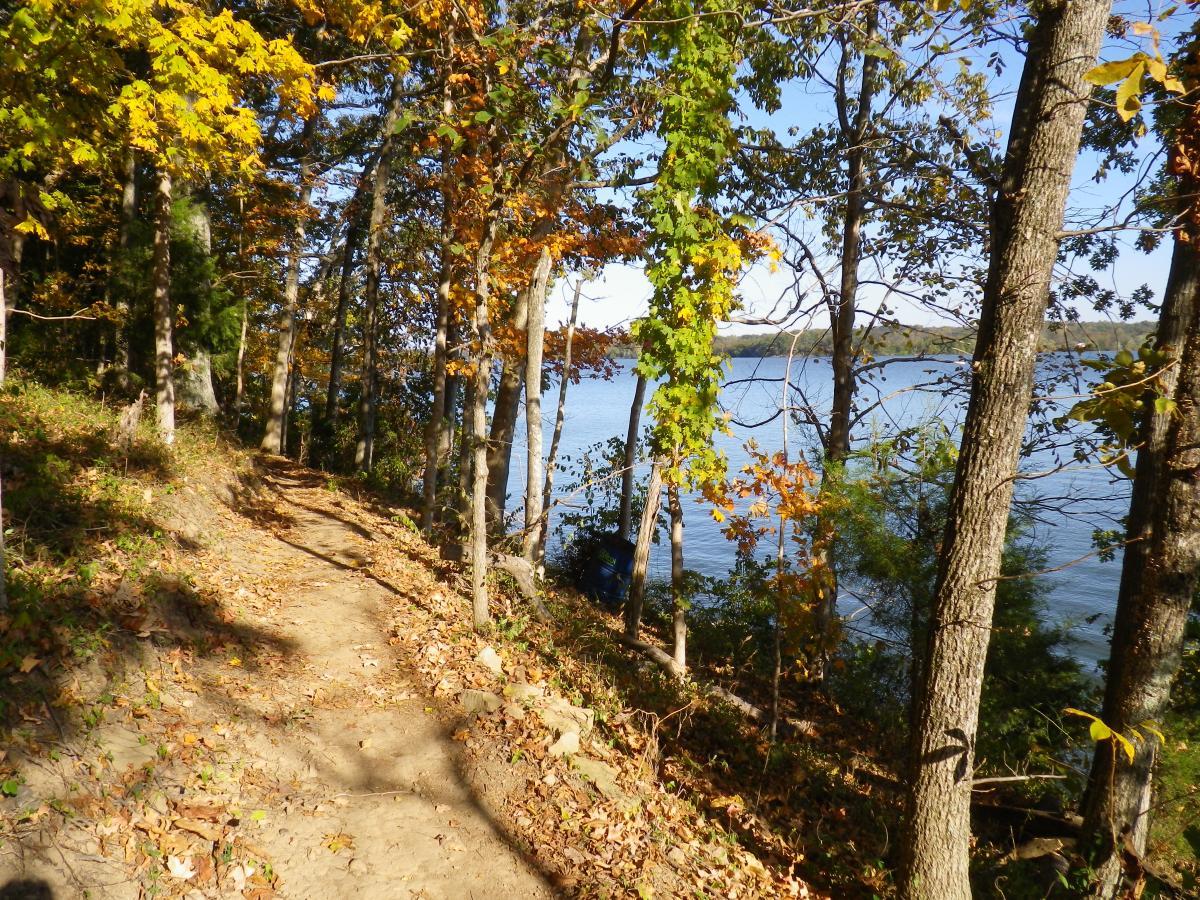 A picturesque hiking trail bordered by trees with vibrant autumn foliage, leading towards a calm lake under a clear blue sky. The path is lined with fallen leaves, creating a serene natural setting. Lock 4 mountain bike trail.