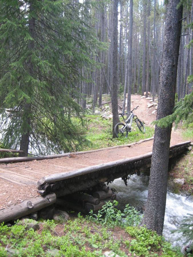 A natural wooden bridge crosses a small rushing stream in a dense forest. In the background, a mountain bike is parked on a nearby trail surrounded by tall trees and lush greenery. The scene conveys a sense of adventure and outdoor exploration. Peaks Trail mountain bike trail.