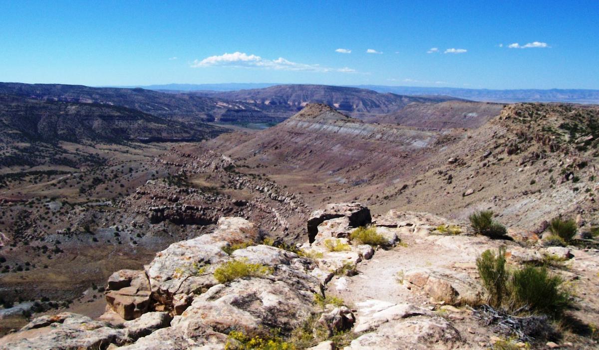A panoramic view of a rugged canyon landscape under a clear blue sky, featuring rocky cliffs, sparse vegetation, and rolling hills in the distance. Moore Fun mountain bike trail.