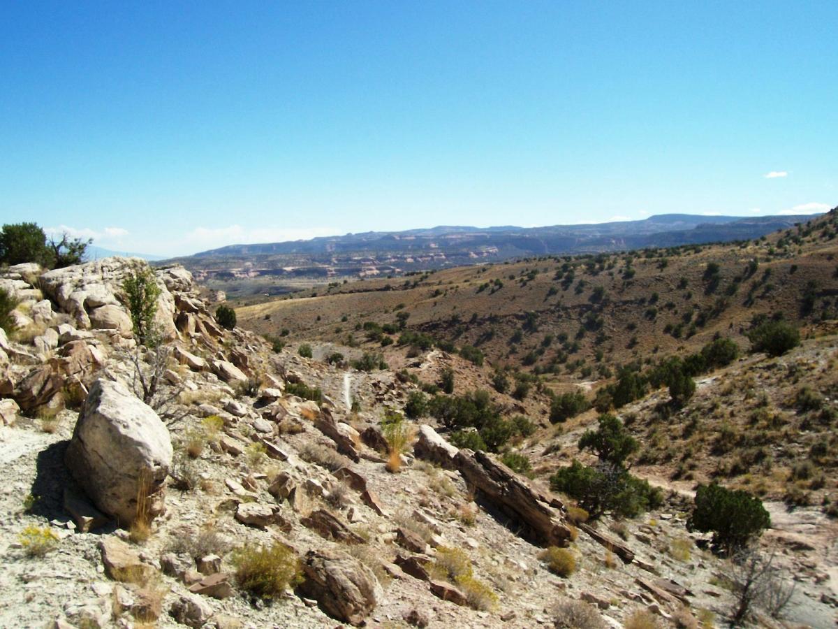 A wide landscape view of rocky terrain with sparse vegetation, showcasing rolling hills and distant mountains under a clear blue sky. Moore Fun mountain bike trail.