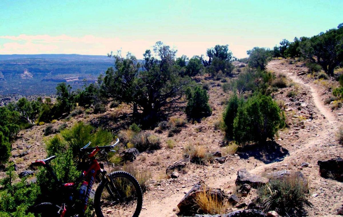 A scenic view of a biking trail in a rugged landscape featuring sparse vegetation, rocky terrain, and distant mountains under a clear blue sky. A mountain bike is positioned in the foreground, ready for exploration. Moore Fun mountain bike trail.