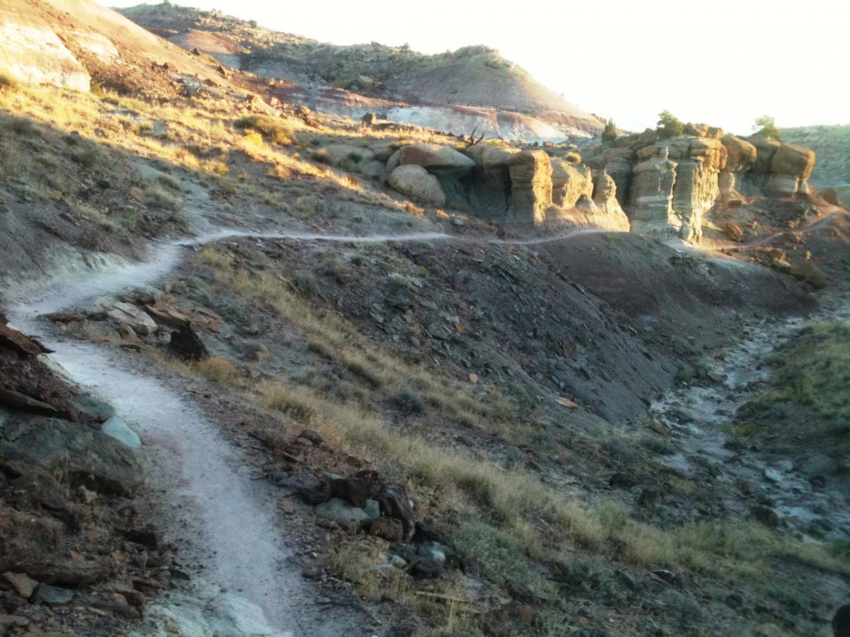 A winding dirt path meanders through a rugged landscape with rocky outcrops and gently sloping hills, illuminated by warm sunlight in a natural, dry environment. Sparse vegetation, including patches of grass, can be seen among the rocky terrain. Lunch Loops mountain bike trail.