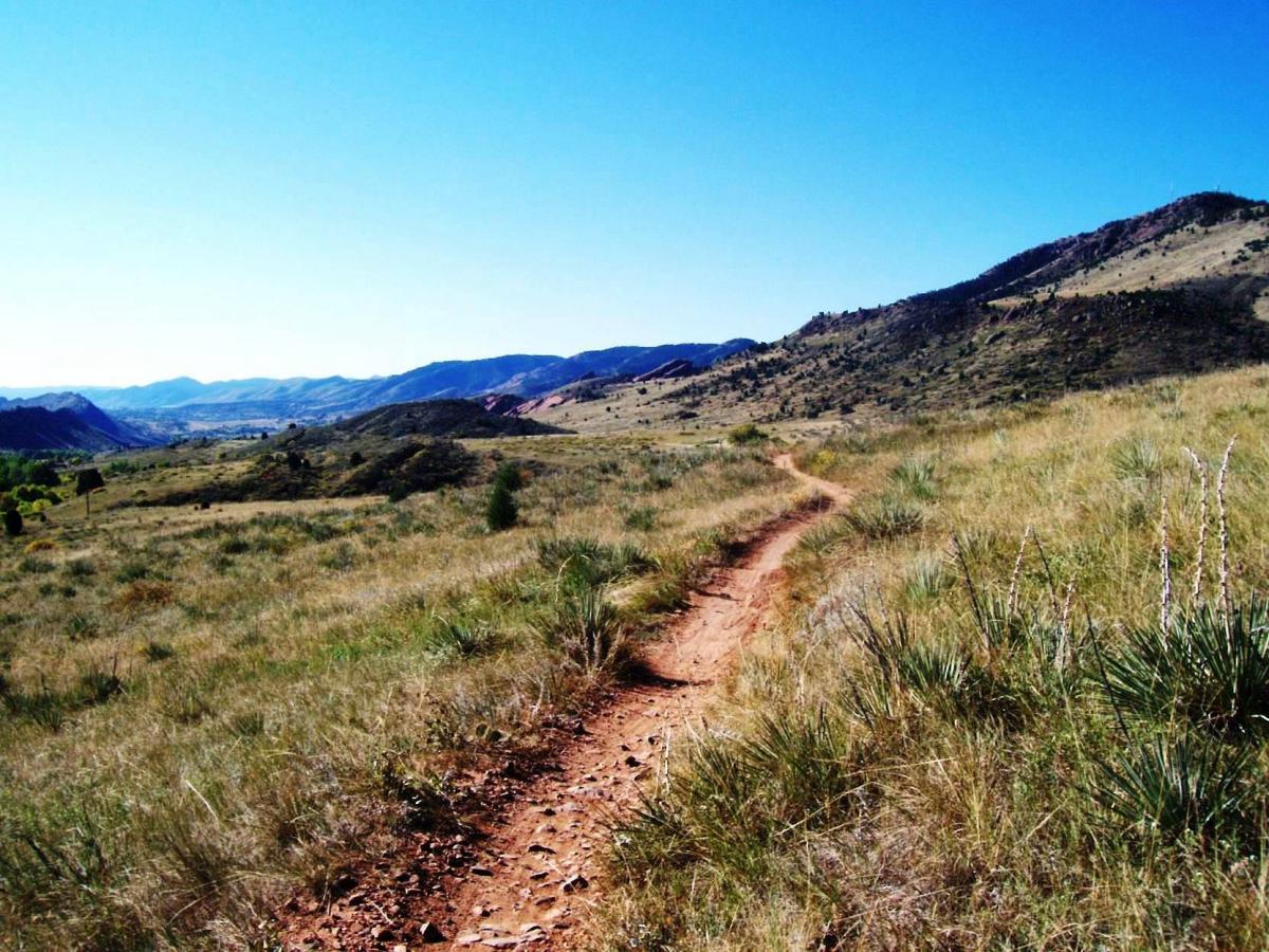 A winding dirt trail leads through a grassy landscape, surrounded by rolling hills and mountains under a clear blue sky. The scene captures the beauty of nature in a tranquil setting. Red Rocks / Dakota Ridge mountain bike trail.