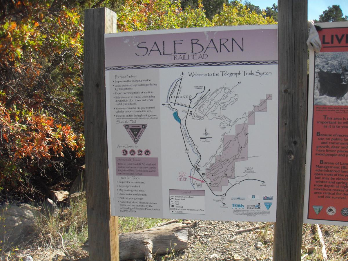 A sign at the Sale Barn Trailhead welcoming visitors to the Telegraph Trails System. The sign features a map of the trails, safety guidelines, and information on sharing the trail with other users, along with symbols indicating area restrictions and environmental tips. Surrounding the sign are natural elements like trees and rocks. Big Double 8 Loop mountain bike trail.