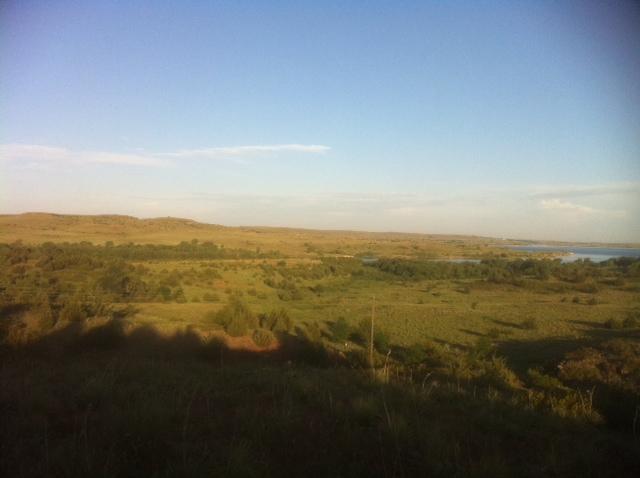 A panoramic view of a serene landscape featuring rolling hills, patches of green vegetation, and a river winding through the scene under a clear blue sky. The sunlight casts gentle shadows on the ground, enhancing the natural beauty of the surroundings. Switchgrass mountain bike trail.