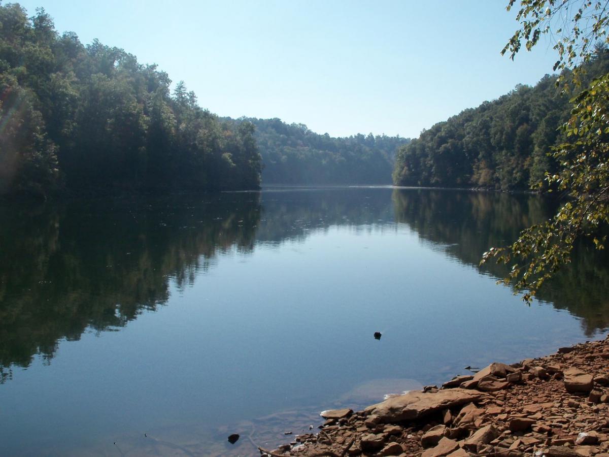 A serene landscape featuring a calm river surrounded by lush green trees and hills, with clear blue skies reflecting on the water's surface. The foreground shows a rocky riverbank with scattered stones, creating a peaceful and tranquil atmosphere. Ridgeway Loop mountain bike trail.