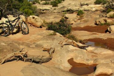 A rocky landscape with a mountain bike parked on the left side. The terrain features exposed stones, patches of dry earth, and a few shallow puddles of water surrounded by sparse vegetation. In the background, there are shrubs and scattered trees under a clear blue sky. Ekg mountain bike trail.