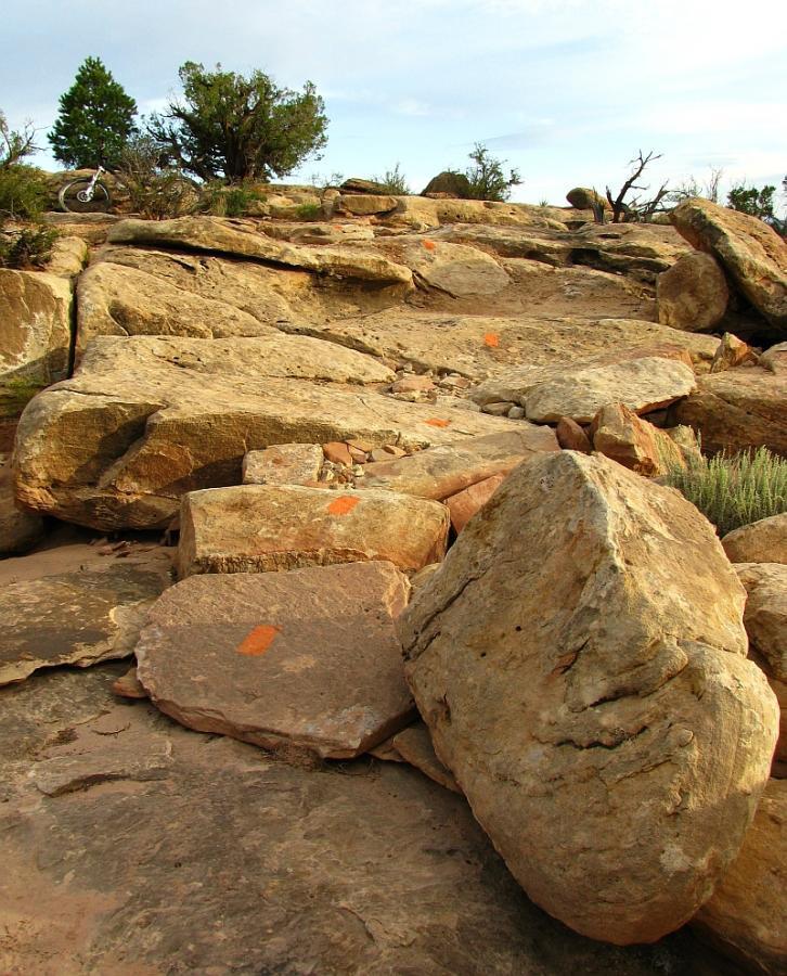 Rocky terrain featuring large boulders and scattered stones, with orange markers highlighting the trail. Lush green shrubs are visible in the background against a cloudy sky. Klondike Bluffs mountain bike trail.