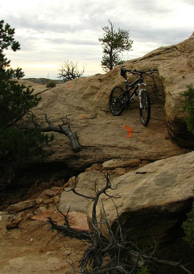 A mountain bike resting on rocky terrain with sparse vegetation, under a cloudy sky. Orange arrows are painted on the rocks, indicating a biking trail. Klondike Bluffs mountain bike trail.