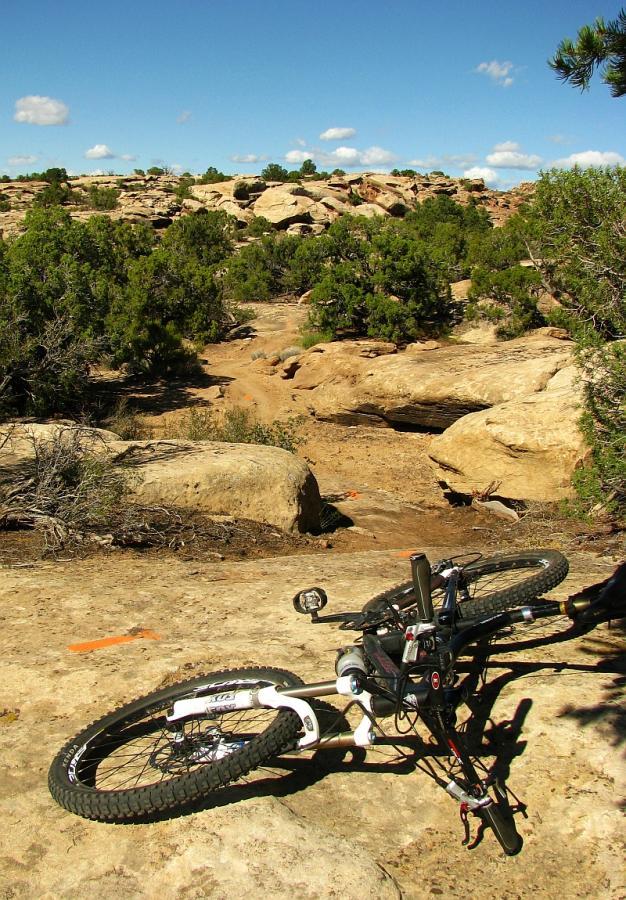 A mountain bike lying on its side on rocky terrain, surrounded by sparse vegetation and shrubs, under a clear blue sky with a few clouds. The landscape features large rock formations and a narrow path visible in the background. Klondike Bluffs mountain bike trail.
