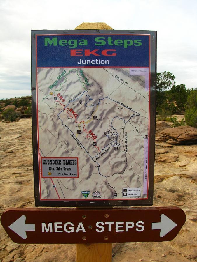 A sign displaying a map of the Mega Steps and EKG Junction, indicating the Klondike Bluffs mountain bike trails. The map shows various trails, with a marker labeled "You Are Here." An arrow points to the right, directing visitors towards the Mega Steps trail. The background features a natural landscape typical of outdoor recreational areas. Klondike Bluffs mountain bike trail.