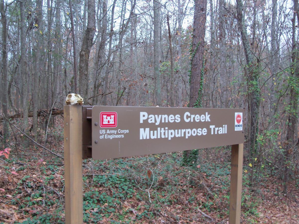 Sign for Paynes Creek Multipurpose Trail located in a wooded area, with a small skull resting on top of the sign. The background features trees and underbrush typical of a natural trail setting. Paynes Creek mountain bike trail.