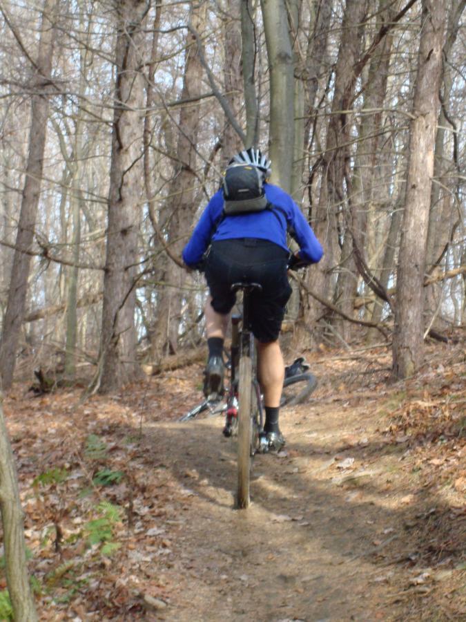 A person riding a mountain bike on a narrow, dirt trail surrounded by trees in a forested area. The cyclist is wearing a blue long-sleeve shirt, black shorts, and a helmet, and is seen from behind as they navigate the trail. North Park mountain bike trail.
