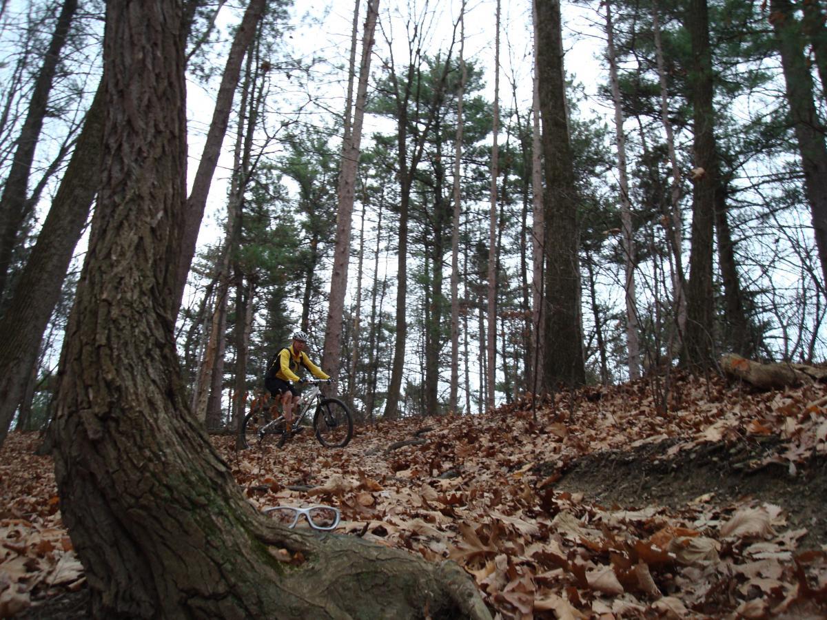 A person in a yellow jacket riding a mountain bike on a forest trail covered with fallen leaves. The scene is framed by tall trees with a cloudy sky above, while a pair of glasses is partially visible on the ground in the foreground. Hartwood Acres mountain bike trail.