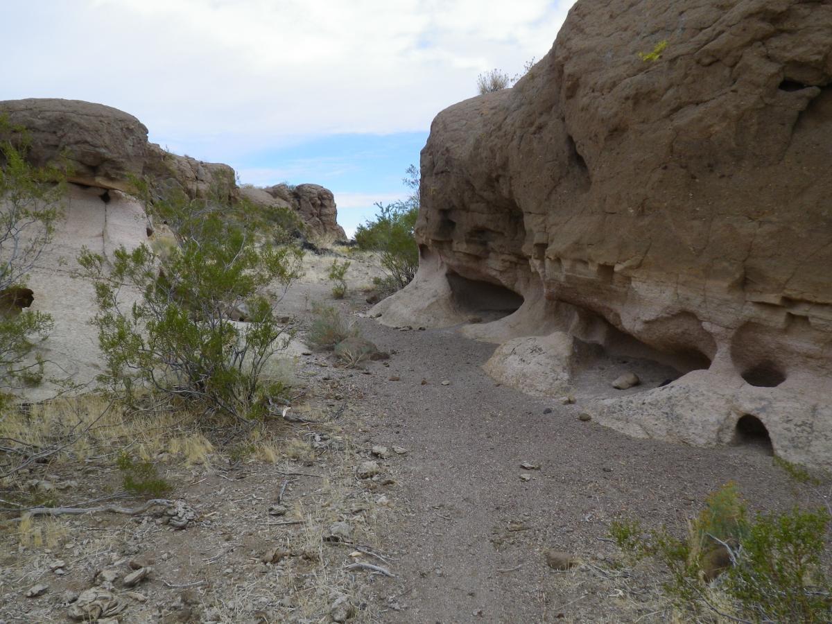 A rugged dirt path winding through a rocky landscape, flanked by tall, textured rock formations and sparse vegetation. The scene is set under a cloudy sky, capturing the natural beauty of the terrain. Foothills Rim Trail mountain bike trail.