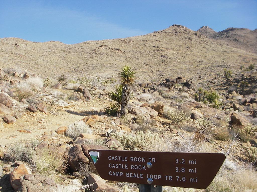 Signpost indicating trail distances in a desert landscape, with mountains in the background. The sign lists three trails: Castle Rock Trail (3.2 miles), Castle Rock (3.8 miles), and Camp Beale Loop Trail (7.6 miles). The area features rocky terrain and sparse vegetation. Cerbat Foothills Recreation Area mountain bike trail.