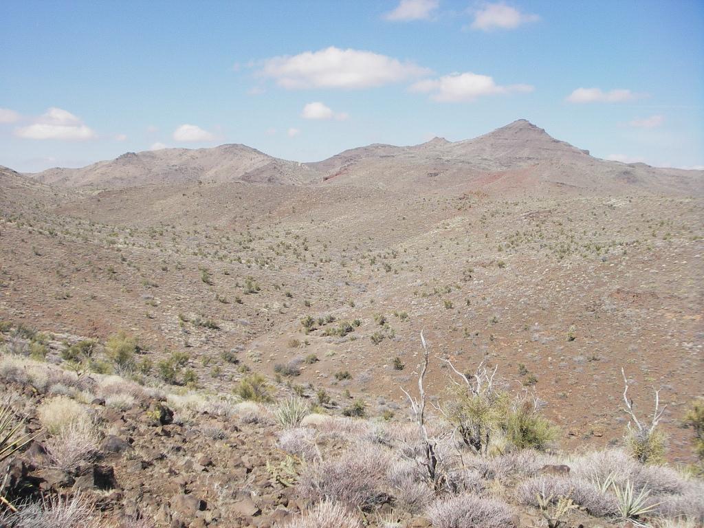 A panoramic view of a rocky desert landscape featuring undulating hills and sparse vegetation under a partly cloudy sky. The foreground shows dry, brushy plants and scattered rocks, while distant mountains rise against the horizon. Cerbat Foothills Recreation Area mountain bike trail.