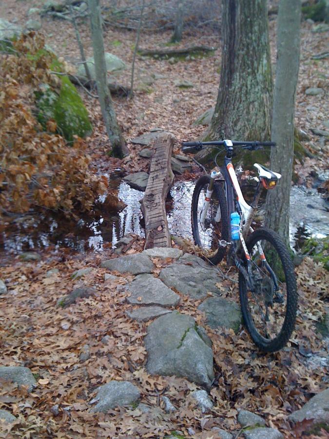 A mountain bike resting on a rocky path near a small stream in a wooded area, surrounded by fallen leaves and trees. A wooden plank bridge crosses over the water. F. Gilbert Hills State Park mountain bike trail.