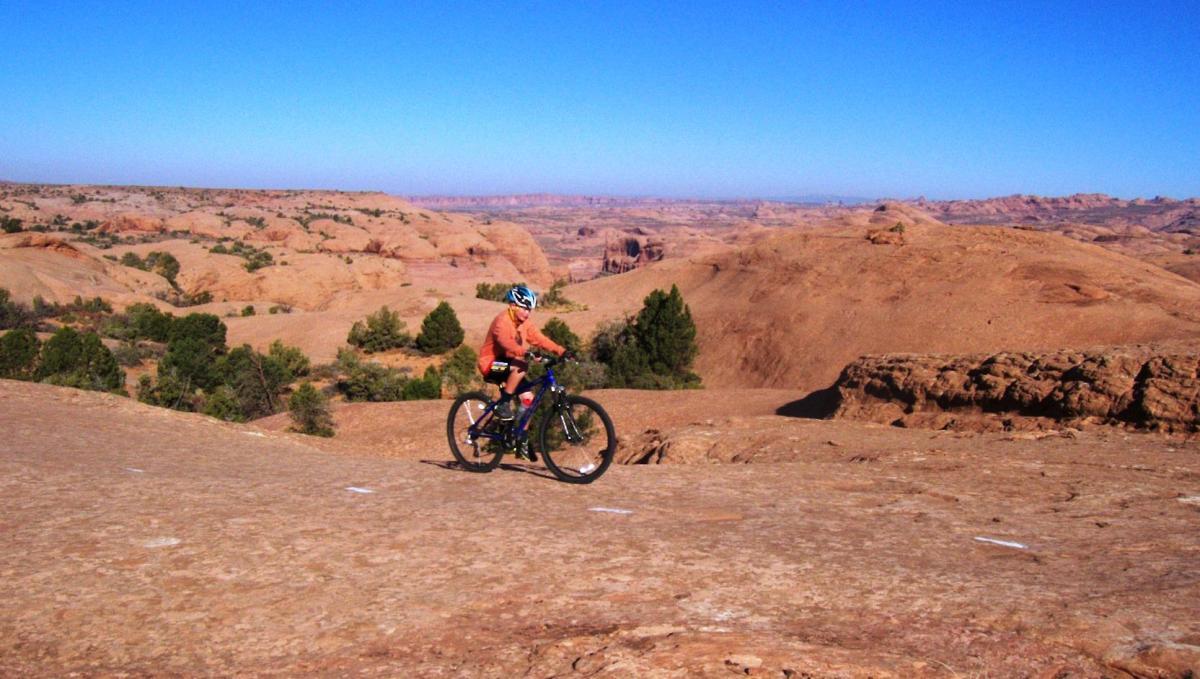 A person riding a mountain bike on rocky terrain with a vast desert landscape in the background under a clear blue sky. The scenery features rolling hills and scattered trees, suggesting a remote outdoor adventure. Slickrock mountain bike trail.