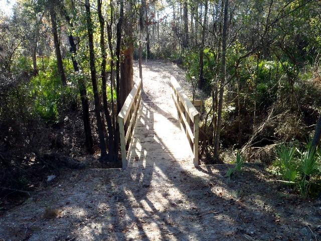 A wooden bridge crossing over a small creek, surrounded by trees and lush greenery. The path leading to the bridge is sandy, with shadows cast by the trees suggesting a sunny day. Fosters Hammock mountain bike trail.