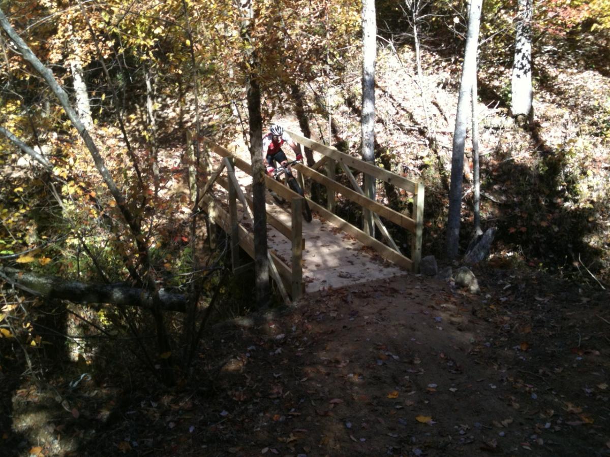 A wooden bridge crossing a small ravine surrounded by trees showing autumn foliage. A cyclist is seen approaching the bridge, with the ground covered in fallen leaves. Arrowhead Park mountain bike trail.