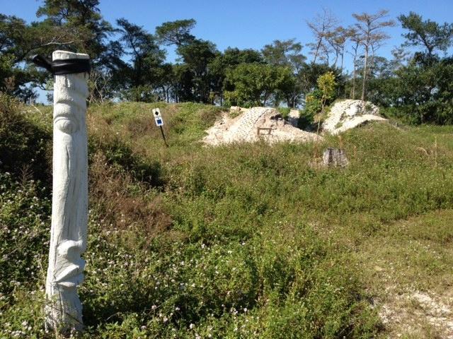 A grassy area featuring a carved wooden totem pole in the foreground, with partially visible ruins in the background surrounded by trees. A signpost is also present nearby, indicating the historical significance of the site. Quiet Waters Park mountain bike trail.