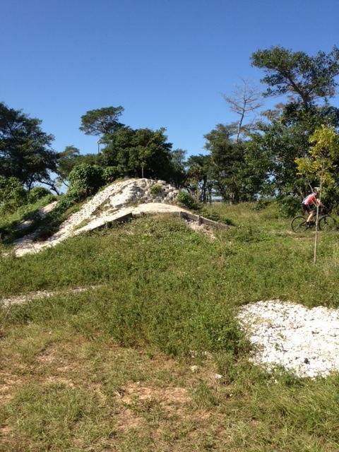 A grassy landscape featuring a small, grassy hill with a stone structure on top, surrounded by trees. In the background, a cyclist can be seen riding along a dirt path. The scene is bathed in bright sunlight, showcasing the natural greenery of the area. Quiet Waters Park mountain bike trail.