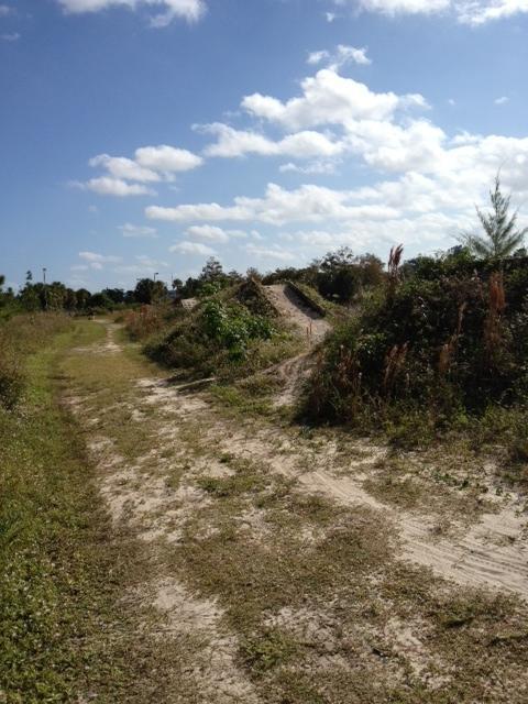 A sandy path lined with greenery leads towards a hilly area covered in bushes and tall grass, under a partly cloudy blue sky. Quiet Waters Park mountain bike trail.