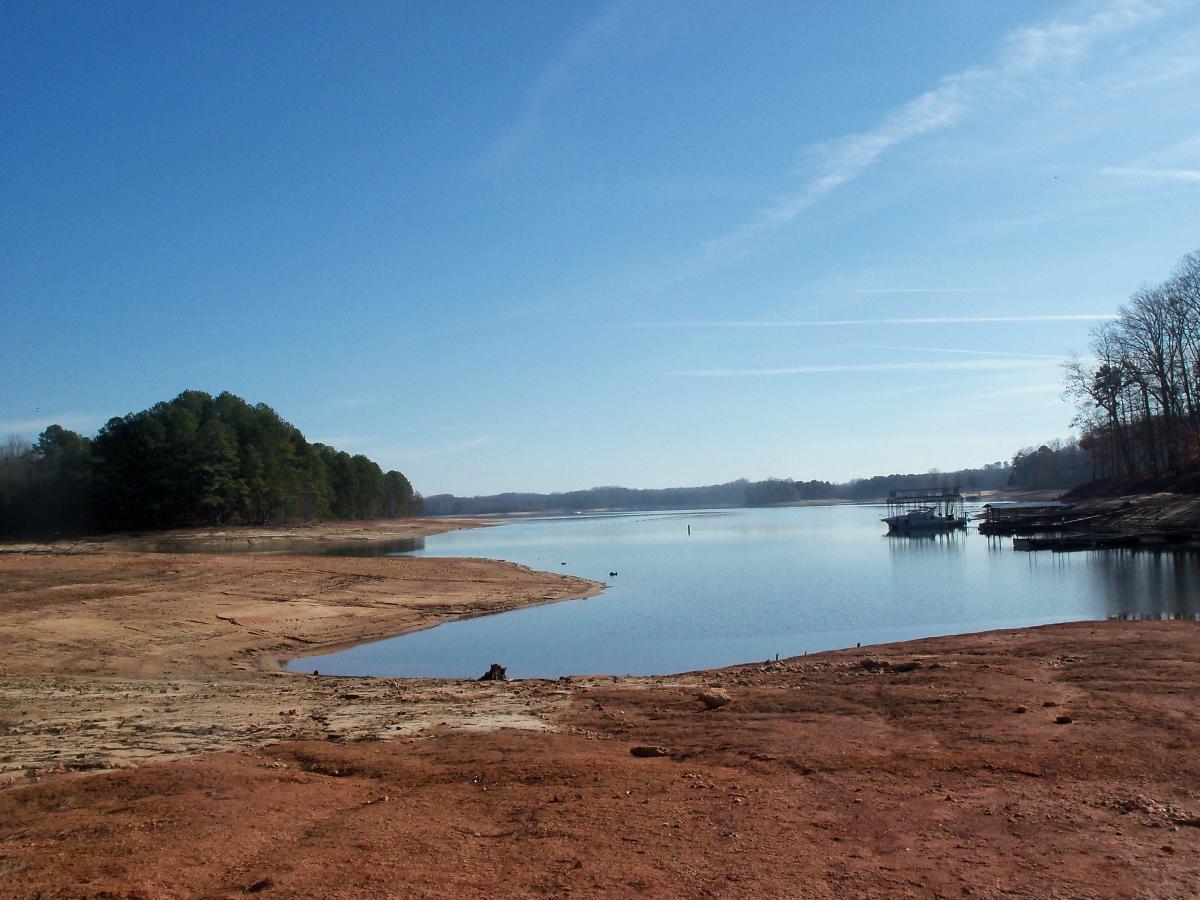 A calm lake scene showcasing a clear blue sky. The shoreline features a mix of rocky and sandy areas, with a gentle curve leading towards a wooded area on the left. In the distance, boats are docked along the water's edge. The image captures a serene, natural landscape perfect for outdoor activities. Charleston Park mountain bike trail.