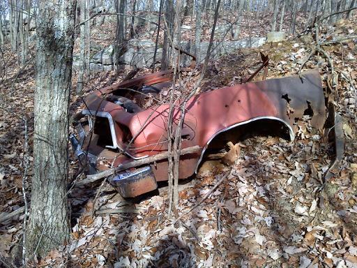 An old, rusted car partially hidden among trees and fallen leaves on a forested hillside. The car's paint is faded and peeling, indicating years of neglect. Five Points mountain bike trail.