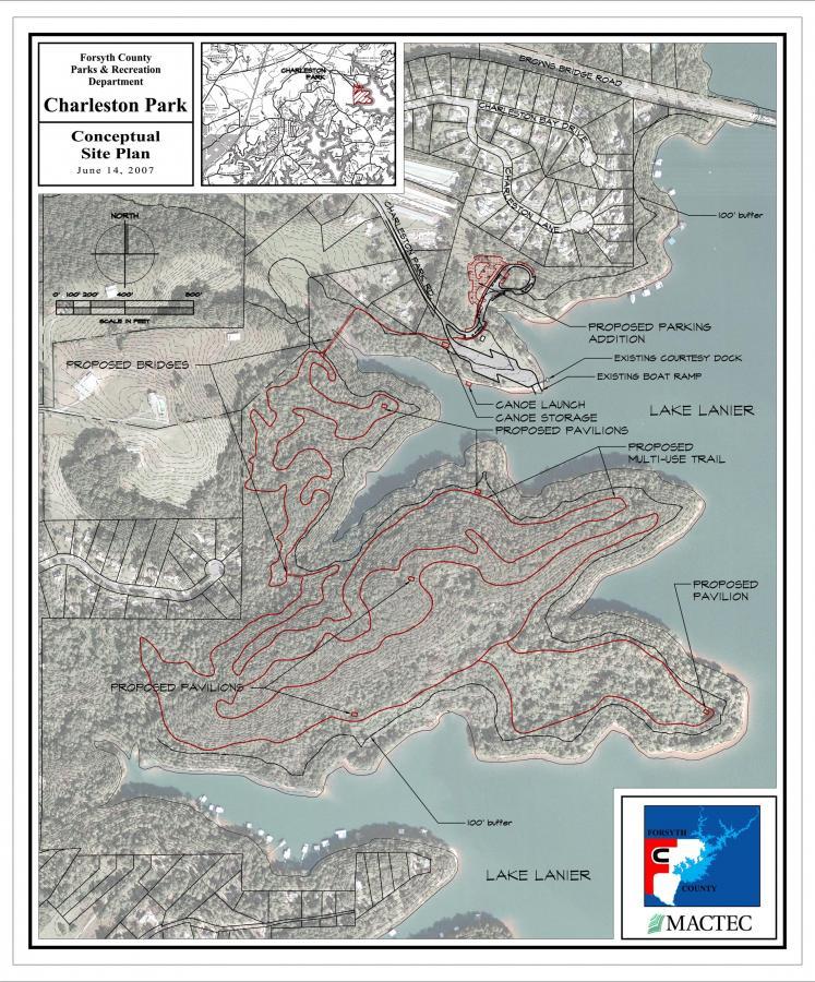 Alt text: "Conceptual site plan for Charleston Park, created by Forsyth County Parks & Recreation Department, dated June 14, 2007. The map includes proposed features such as pavilions, a multi-use trail, parking additions, a canoe launch, and bridges, along with delineations of Lake Lanier and contour lines indicating elevation." Charleston Park mountain bike trail.
