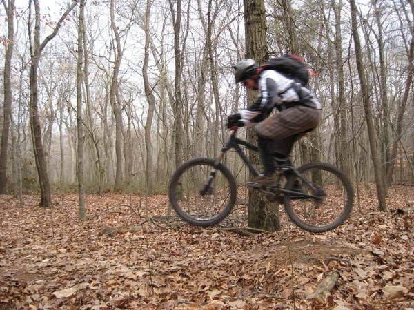 A mountain biker in motion jumps over a small obstacle on a forest trail covered with fallen leaves, surrounded by bare trees in a wooded area. The scene conveys action and adventure in an outdoor setting. Mercer County Park mountain bike trail.