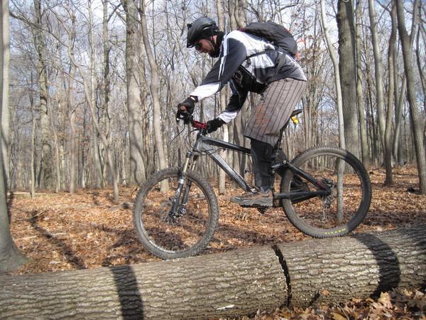 A cyclist skillfully balances on a fallen log while riding through a forested area during autumn. The ground is covered with leaves, and the trees in the background are bare, indicating a cool season. The cyclist is wearing a helmet and has a backpack, emphasizing safety and adventure in mountain biking. Mercer County Park mountain bike trail.