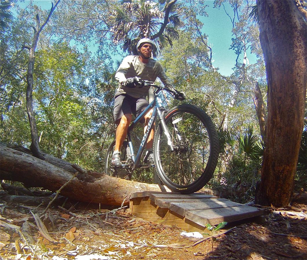 A mountain biker navigating a wooden bridge over a fallen log in a lush forested area, surrounded by trees and greenery. The cyclist is wearing a helmet and a long-sleeved shirt, focused on maintaining balance while riding over the obstacle. Sunlight filters through the canopy above, illuminating the scene. Mala Compra mountain bike trail.