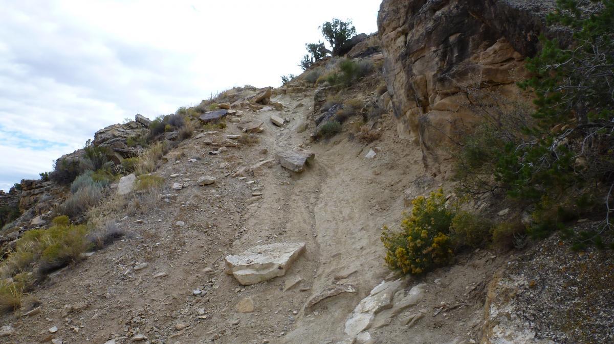 Rocky hiking trail ascending a hillside, surrounded by sparse vegetation and shrubs under an overcast sky. The path is partially worn and includes rocky outcrops. Lunch Loops mountain bike trail.
