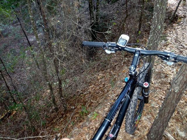 A mountain bike leaning on the edge of a wooded trail, viewed from above. The handlebars and digital display are prominently visible, surrounded by trees and fallen leaves on the ground, with a steep incline leading down into the forest. Nayles Trail mountain bike trail.