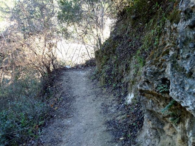 A narrow dirt pathway surrounded by sparse vegetation and rocky terrain, leading into a sunlit area in the distance. Imba Red mountain bike trail.