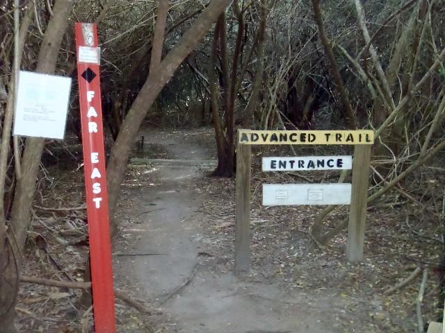 A narrow dirt path leads into a densely wooded area. To the left, a red sign labeled "FAR EAST" marks the trail, while a wooden sign on the right, with the words "ADVANCED TRAIL ENTRANCE," indicates entry to the trail. The surroundings feature intertwining branches and foliage, creating a natural tunnel effect that suggests a secluded hiking experience. Caloosahatchee Regional Park mountain bike trail.