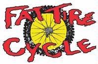 Alt text: A logo for "Fat Tire Cycle" featuring bold red letters and a yellow bicycle wheel surrounded by a black design, conveying a dynamic and playful theme related to cycling.