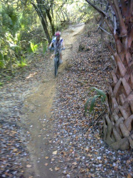 A person riding a mountain bike on a dirt trail surrounded by trees and foliage, with fallen leaves covering the ground. The cyclist is slightly blurred, indicating motion, as they navigate the winding path through the forest. Caloosahatchee Regional Park mountain bike trail.