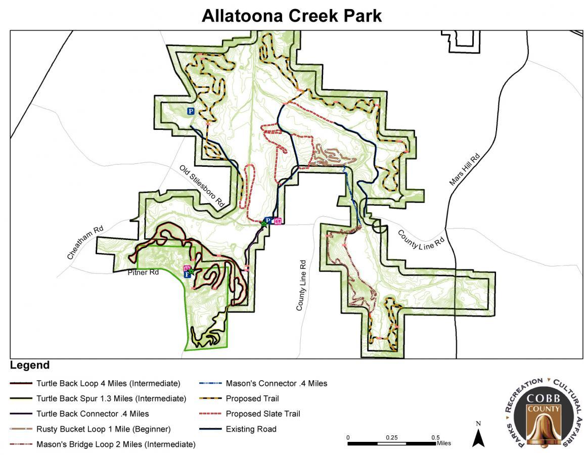 Map of Allatoona Creek Park showing various hiking and biking trails. The map includes a legend that indicates the difficulty levels of trails, including Turtle Back Loop (4 miles, intermediate), Rusty Bucket Loop (1 mile, beginner), and proposed trails. Key locations, parking areas, and existing roads are outlined. The map features a north arrow and scale for navigation. Allatoona Creek Park mountain bike trail.
