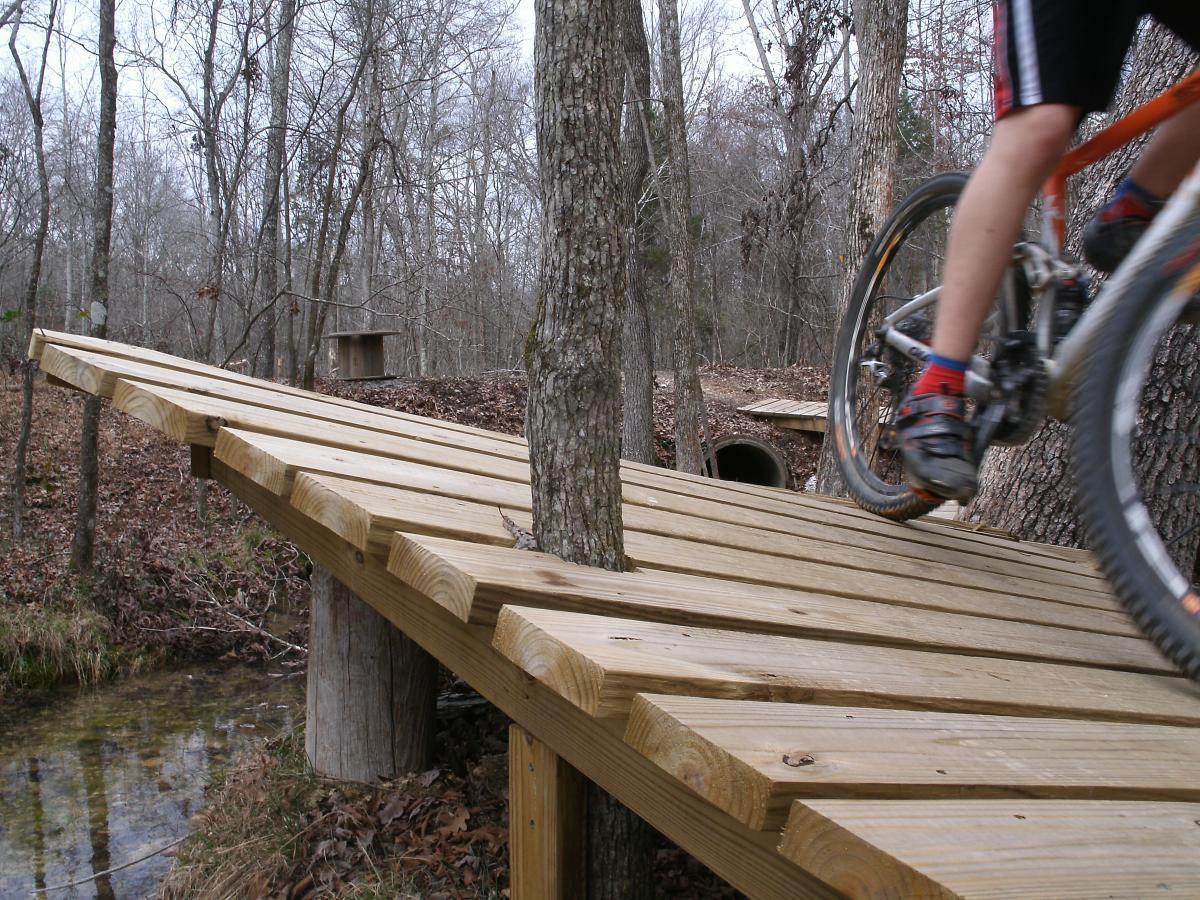 A mountain biker rides over a wooden bridge constructed between trees in a forested area. The bridge is elevated above a small stream, and a tree partially protrudes through the middle of the bridge. Autumn leaves are scattered on the ground, and a small wooden structure is visible in the background. Enterprise South mountain bike trail.