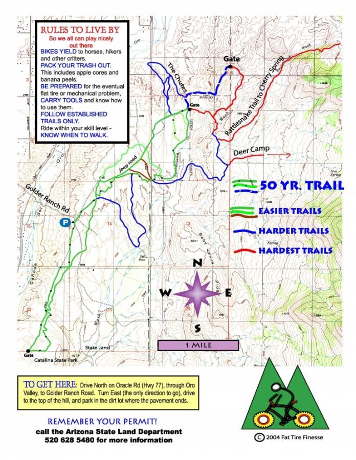 Map showing trail routes in a mountainous area, including designated easier, harder, and hardest trails, along with key rules for users such as yielding to horses and hikers and proper trash disposal. Directions to the location and a note about required permits are also included. 50-year Trail / Golder Ranch mountain bike trail.