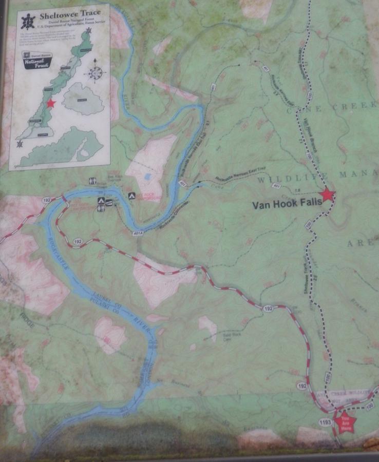 Map of the Sheltowee Trace area within Daniel Boone National Forest, featuring highlighted trails, landmarks, and waterways, with a marked location for Van Hook Falls. Includes a small inset map for orientation. Cane Creek (sheltowee Trace Trail) mountain bike trail.